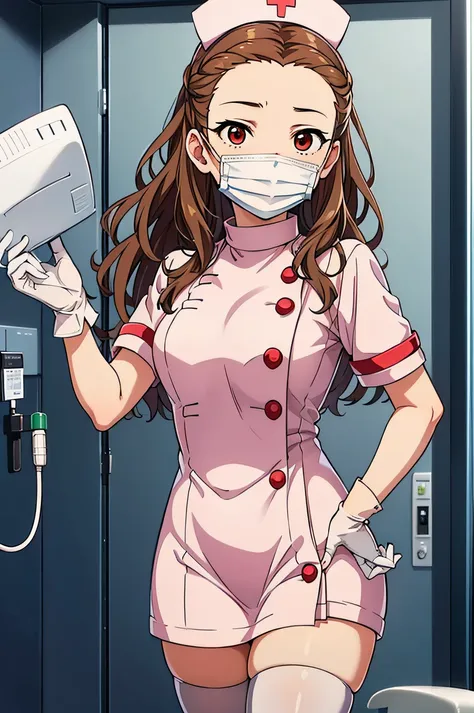 seki hiromi, long hair, brown hair, red eyes, wavy hair, forehead, solo, nurse, ((white nurse cap, white nurse's outfit)), ((whi...