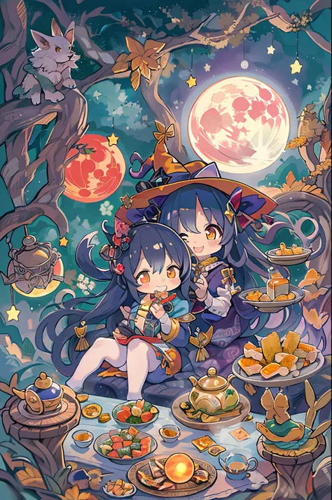 masutepiece, Best Quality, Chibi, Wizard Tea Party, the witch, beautiful witch, Happy, Vibrant, Colorful,(((Big Full Moon)))、Under the full moon