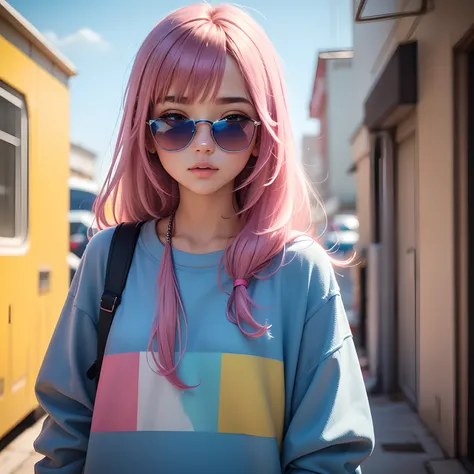 A realistic girl, wearing clothes shades of blue, pink, yellow in instagram style, background logo Instagram