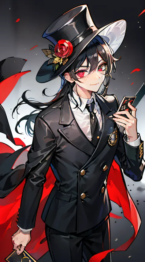 A middle-aged man，Thick black hair，Small Bazi Hu，blackigeyes，Top hat，Gold thread monocle，High-end long suit dress，The cards，Flight card，magister，thief，Mysterious smile，Up to no good，male people，prime，high-necked，Wide-brimmed top hat，Opera house stage backg...