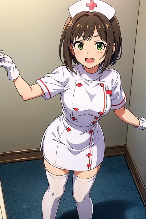 maemiku, short hair, fang, brown hair, green eyes, solo, nurse, ((white nurse cap, white nurse's outfit)), ((white legwear, zett...