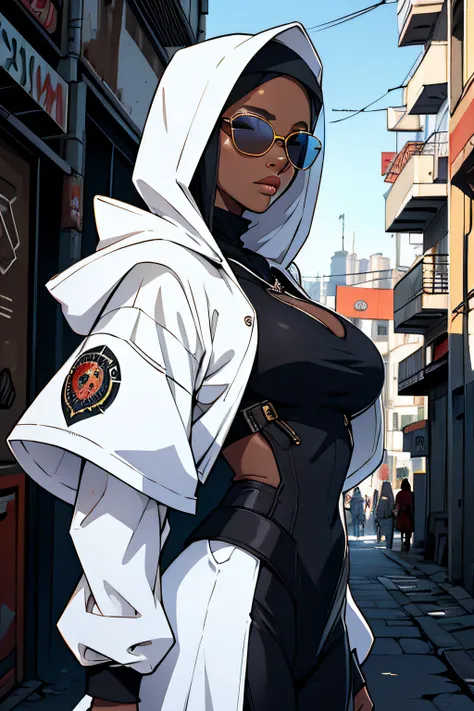 mulher white skin usando mascara branca, roupa preta, cabelos pretos, sun glasses, hood on head, se escondendo no beco, cidade cyberpunk