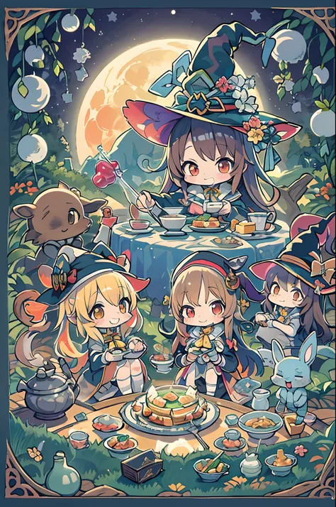 masutepiece, Best Quality, Chibi, Wizard Tea Party, the witch, beautiful witch, Happy, Vibrant, Colorful,(((Big Full Moon)))、Under the full moon