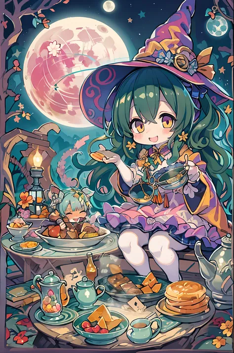 masutepiece, Best Quality, Chibi, Wizard Tea Party, the witch, beautiful witch, Happy, Vibrant, Colorful,(((Big Full Moon)))、Under the full moon