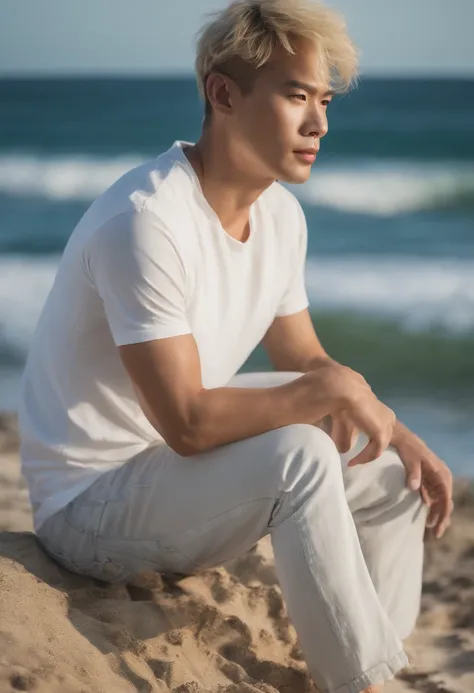 surrealistic、top-quality、 超A high resolution、Nikon Z 85mm、natural soft light、profetional lighting、realisitic、Super live-action、Photorealsitic、American man with short blonde hair,、white t-shirts、denim、the beach、Along the coast、夏天、Okinawa、