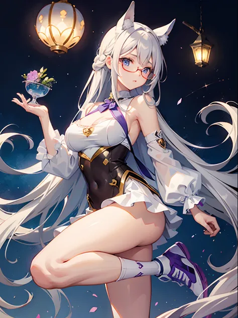 ((Best Quality)), (ultra-detailliert), ((Extremely detailed)), (Beautiful), ((Kawaii Girl)),((masutepiece)),Blue eyes、Hair is white、Longhaire、Quirk hair、Horse ears,Horse tail、tall、Breasts are big、White running clothes on purple background、Lavender colored ...