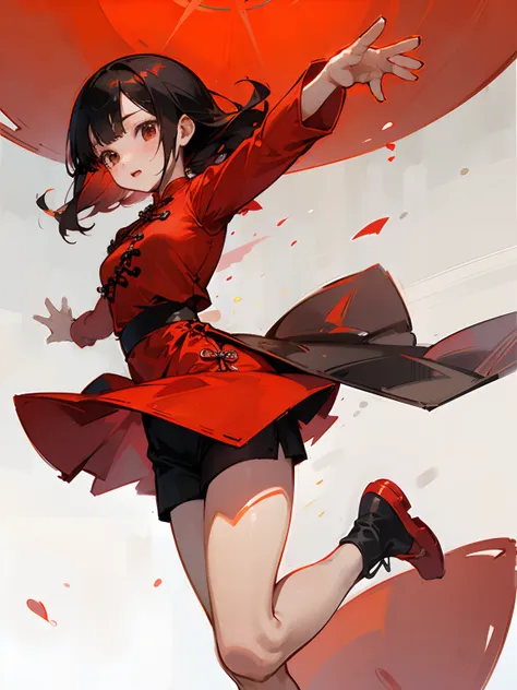 1girll,tight cheongsam，red chinese style，maruko hair style，teens girl，quadratic element，open your arms upwards，facing forward，wi...