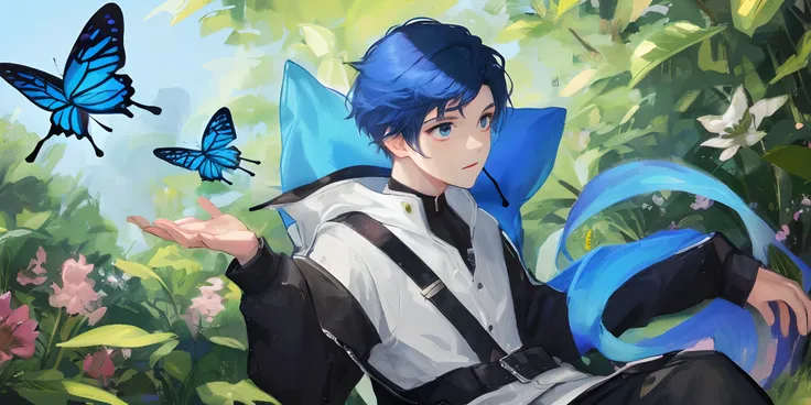 Boy with blue hair and buterfly in the side