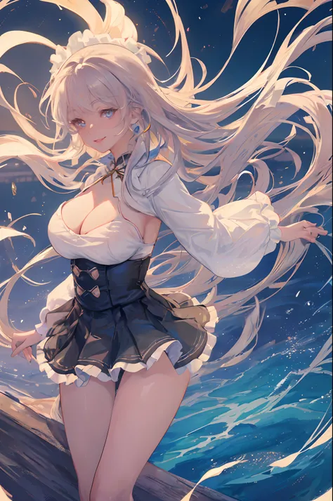 ((A beautiful and cute woman is standing on the terrace)), ((22-year-old beauty)), ((charming smile)), ((her long hair is blowing in the wind)), ((her miniskirt is Its waving in the wind)), (( You can see the cleavage of her plump bust from the blouse)), (...