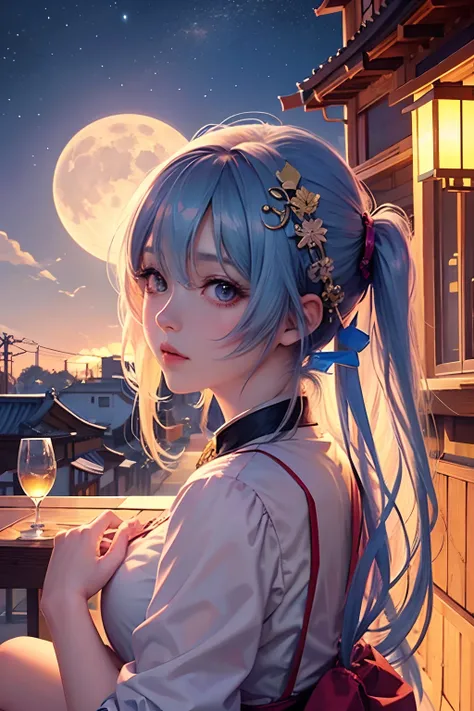 large moon，An anime girl sitting on a rooftop，Eat mooncakes under the moon，Moon，traditional Chinese festivals，Mid-Autumn Festival，a beautiful anime portrait, Cute anime girl, Kawaii realistic portrait, Cute anime girl portrait, Beautiful anime girl, portra...