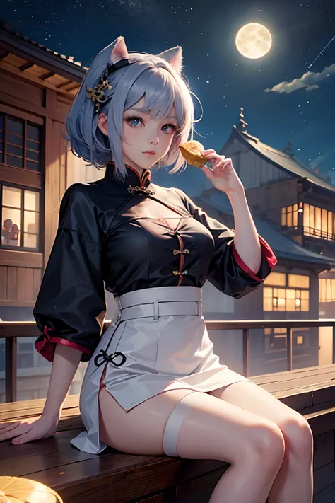 large moon，An anime girl sitting on a rooftop，Eat mooncakes under the moon，Moon，traditional Chinese festivals，Mid-Autumn Festival，a beautiful anime portrait, Cute anime girl, Kawaii realistic portrait, Cute anime girl portrait, Beautiful anime girl, portra...