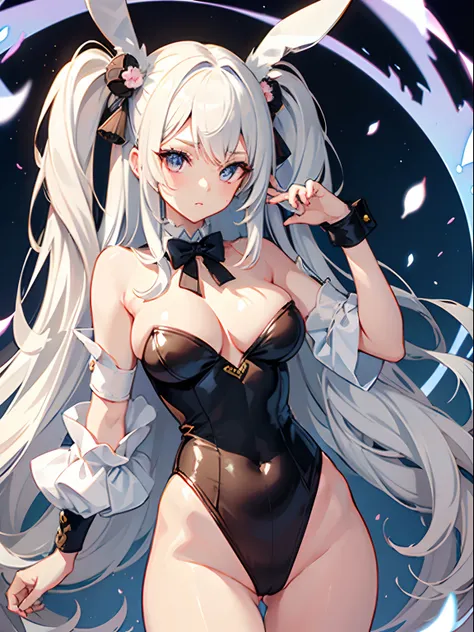 ((Best Quality)), (ultra-detailliert), ((Extremely detailed)), (Beautiful), ((Kawaii Girl)),(two side up hair)、((masutepiece)),Platinum Blonde Hair,Long hair, hair between eye, Wavy Hair, Long sideburns,Jade-colored eyes, White skin,Colossal tits、Rabbit ea...