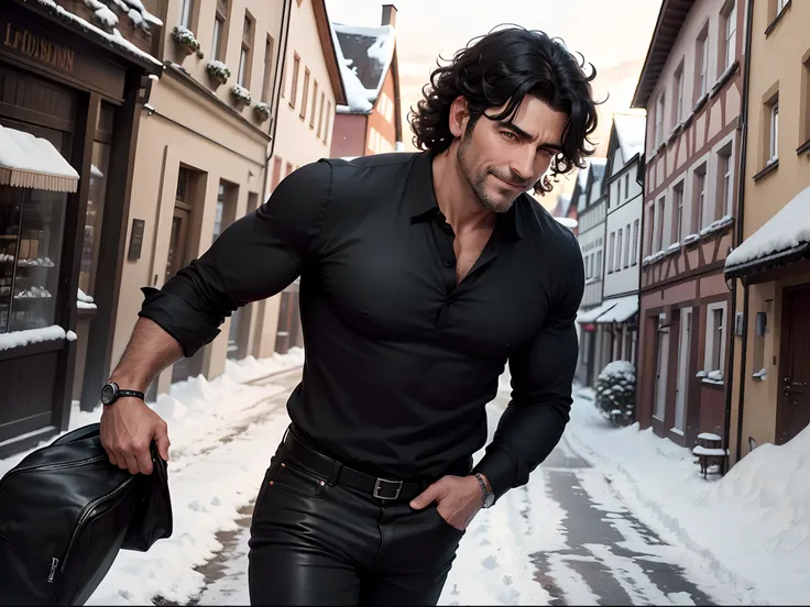 realistic, 8k image of a 40 year old man, man, medium sized curly black hair, strong, dressed in a casual black blouse and black pants, smirking, in a small German town, snow, anime style art