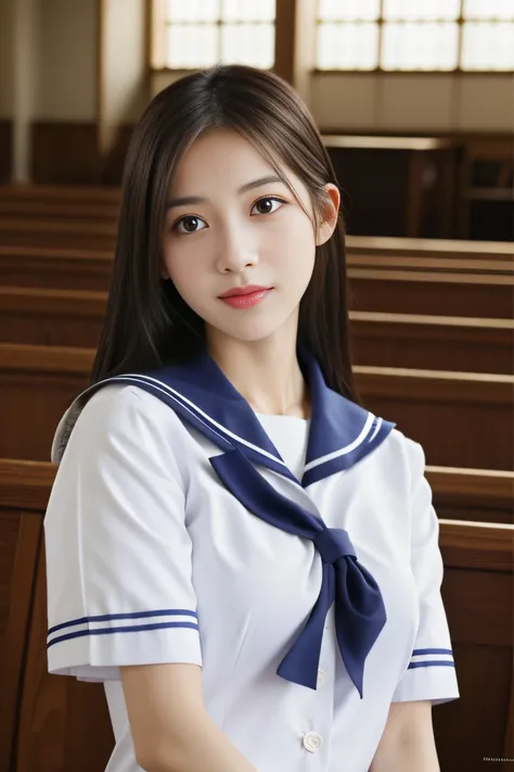 (((Draw only one woman: 2))), Beautiful 18 year old Japan woman, (High school girl in short sleeve sailor suit: 1.5), (Japan strict girls school sailor uniform), ( High school girl pretending to be sitting in church pews: 1.2), (Beautiful and elaborate sta...