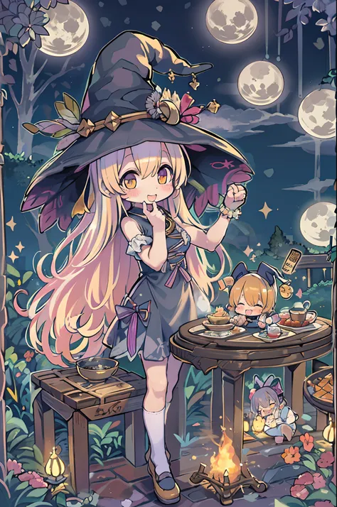 masutepiece, Best Quality, Chibi, Wizard Tea Party, the witch, beautiful witch, Happy, Vibrant, Colorful,(((Big Full Moon)))、Under the full moon