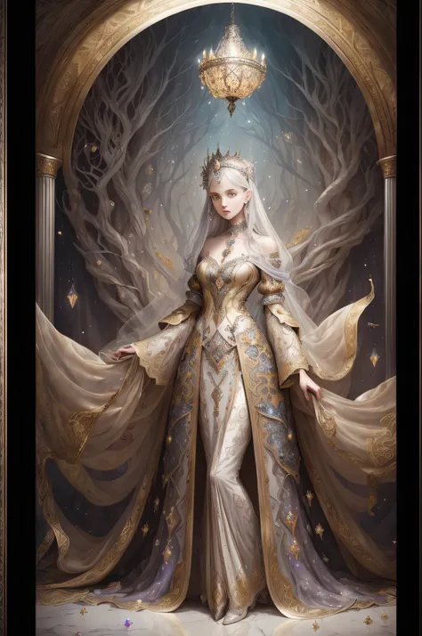 Prompt: (masterpiece), best quality, expressive girl, perfect detailed face, perfect detailed hands, laying in repose, wearing a creative concept design costume, a strange yet beautiful outfit covered in opals, decorated with black embroidery, hoarfrost, a...