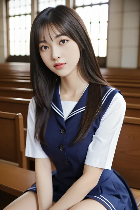 (((Draw only one woman: 2))), Beautiful 18 year old Japan woman, (High school girl in short sleeve sailor suit: 1.5), (Japan strict girls school sailor uniform), ( High school girl pretending to be sitting in church pews: 1.2), (Beautiful and elaborate sta...