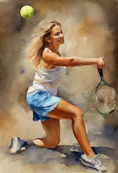 (obra-prima, mejor calidad),1chica joven sensual rubia feliz riendo con cabello claro jugando tenis en la cancha, raqueta en mano con sensacion de movimiento, warm lighting, vestida de mini skirt  and shirt with logo advertisement , primer plano borroso