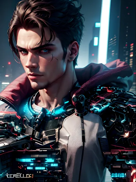 Change background cyberpunk, realistic face, handsome boy, super man,8k ultra realistic