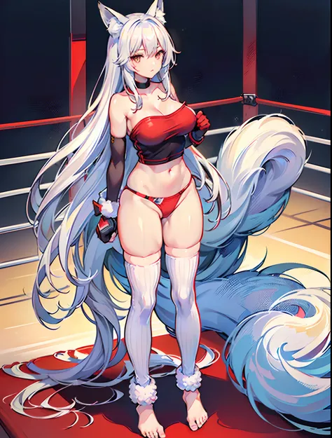 (((fox girl))), ((full body)), (((standing pose))), ((((((very wide and long wool leg warmers)))))), ((bare feet)), ((open jacket)), ((strapless gym top)), ((thong panties)), ((((martial fighting gloves)))), (((fully detailed)))