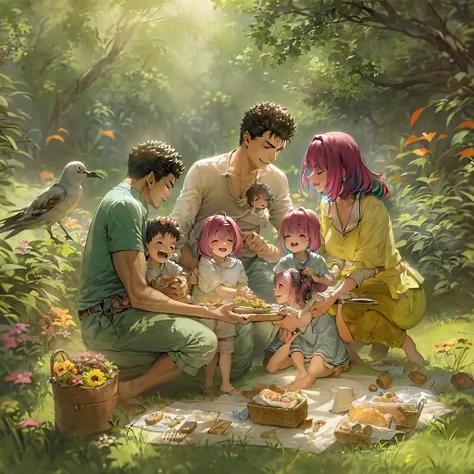 (a happy family in a picnic garden),(riamu as a motherly figure),(riamu and her husband spending quality time),(a couple enjoyin...