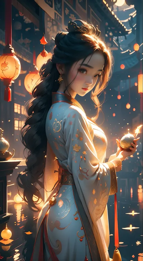 Change and rabbits moonlight Mid-Autumn Festival, Masterpiece:1.2, Ultra-detailed, Realistic:1.37, Night scene, Tranquil atmosphere, Vivid colors, glowing lanterns, Mooncake feast, Traditional clothing, Elegant Change, Delicate facial features, floating dr...