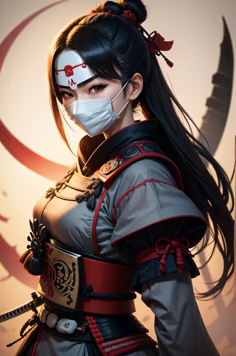 Japanese front mask, altamente detalhado, Samurai, Mulher linda, full body, Samurai sword