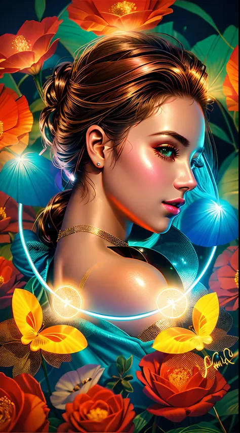 There is a woman with a shiny halo around her neck, efeito de luz de contorno!! 8 mil, Efeito de Luz. Feminino, retrato da menina de glowwave, airbrush digital art, glamour da cor do retrato, com pontos noturnos de neon, shiny neon skin, Neon circles, efei...