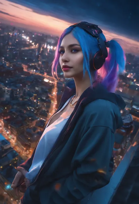 (Masterpiece), Best quality, 超高分辨率,Little girl, cyberpunk 1girl flying above stunning cityscape ,The light on the clothes came on，There is a tattoo on the neck，Hoodie,Blue hair, neon color shooting stars, Very long hair, cropped shoulders, feathers hair or...