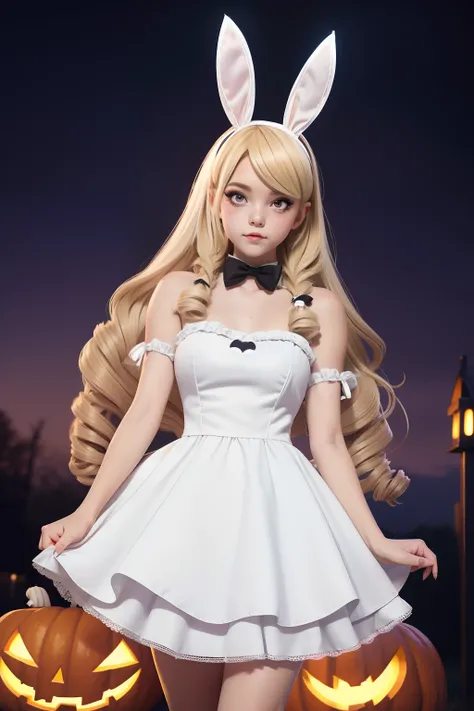 Girl in bunny Halloween costume, with bunny headband, blonde long hair Emo Pin up Girl, without bangs, bunny tail, halloween white dress, Striking a pose, natural make up, skinny girl, innocent, night in a grave, zoom out