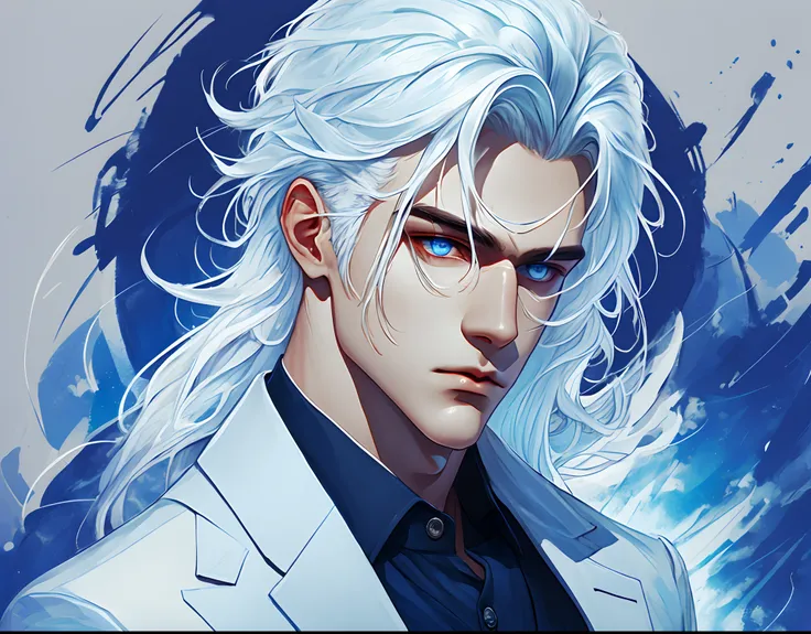 Guy named shadow, white hair, blue eyes, has white skin, wearing a whiteish blue suit, handsome, high quality, a black chipped white halo above his head, background shadow blue and blueish white deep blue and light blue. --auto --s2