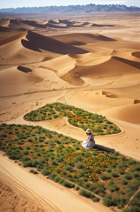 aerial illustration of a woman in the desert tending a flower garden