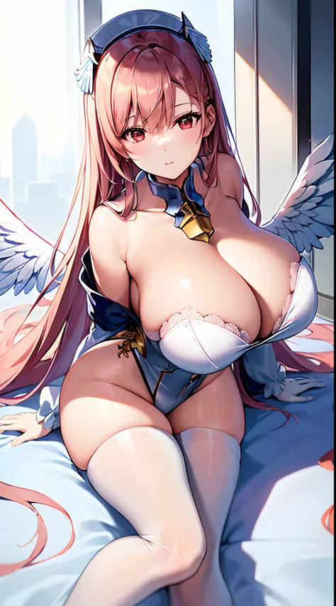 (((巨作))),(((best qualtiy))),((Ultra detail)),(illustration)，Double，Largest breasts，Clean smooth and delicate white silk long legs，Angel sister in white stockings，Mechanical style angel wings behind her，Mecha style clothing，Lying in the elevator，Angels are ...