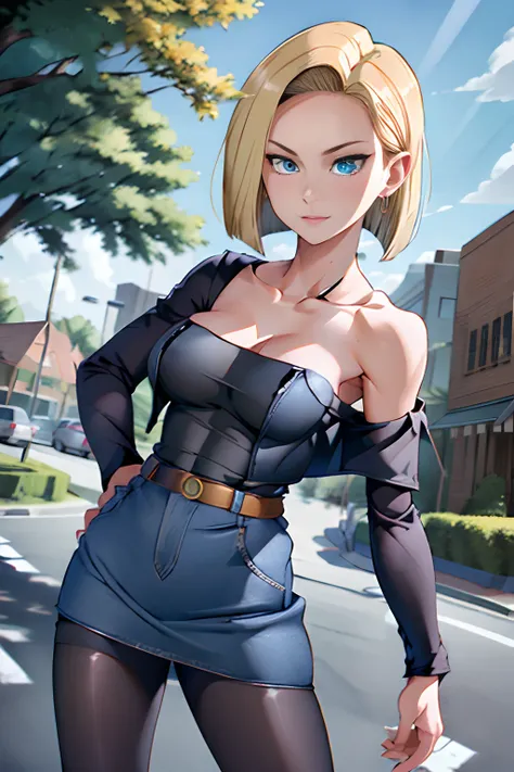 best quality, highres, and18, 1girl, android 18, solo, blonde hair, blue eyes, short hair, earrings, jewelry, denim vest, open vest, black pantyhose, black shirt, denim skirt, striped long sleeves, blue skirt, medium breasts, cowboy shot, street,  (Externa...