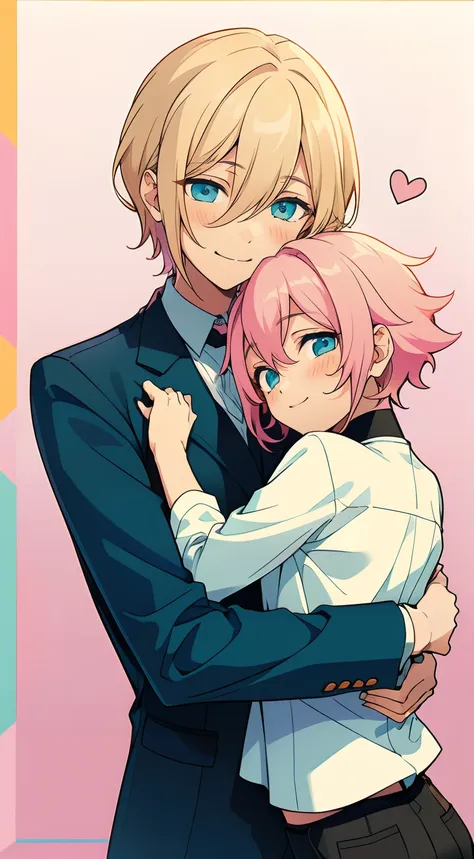 detailed eyes, blonde boy has blue eyes, pink haired boy has green eyes, 2boys, happy, blush