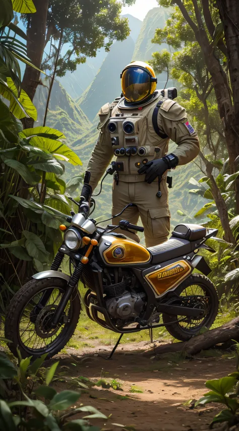 (extremadamente detallado, obra maestra, La mejor calidad, foto antigua, principios de siglo, VHS Aesthetics) Astronauta con armadura pesada. Armas grandes. motosierras. pieles de animales. In the middle of a strange jungle. Vegetables from another dimensi...