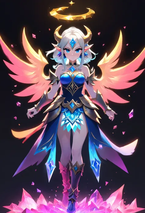 Demon Princess, full body, female character demon, demon armor, intricate, elegant, highly detailed, blue eyes, dark white hair, digital painting, artstation, perfect body, holographic glow, light particles, raytraced, alchemist room with colorful potions,...