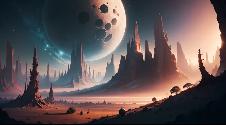 Sci-fi digital painting of an alien landscape with (otherworldly plants), ((strange creatures)), and distant moons in sky, ((cinematic lighting))