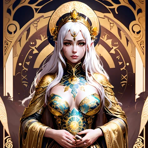 arafed woman in a golden dress with a crown and a sword, goddess. extremely high detail, a beautiful fantasy empress, beautiful and elegant elf queen, portrait knights of zodiac girl, ((a beautiful fantasy empress)), artgerm julie bell beeple, artgerm. ani...