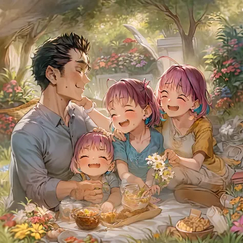 (a happy family in a picnic garden),(riamu as a motherly figure),(riamu and her husband spending quality time),(a couple enjoyin...