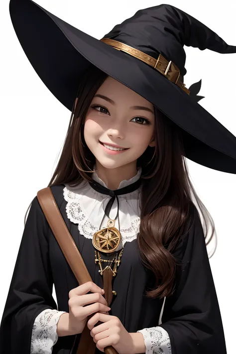 young witch, smiling , looking at the camera, white background