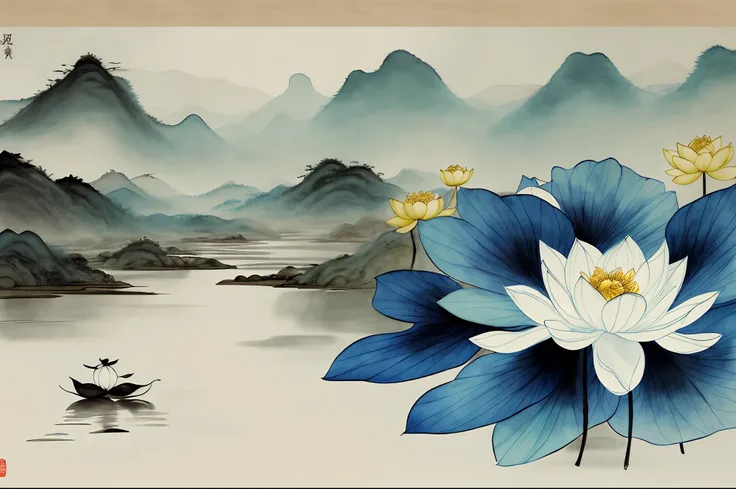 ModelShoot style, (Extremely detailed Cg Unity 8K wallpaper), 1Beautifulwoman，Hanfu，Blue and white porcelain，lotus flower，Abstract stylized beauty, lotuspond, moon full，depth of fields，Traditional Chinese Ink Painting, Traditional Chinese art, author：Guo X...