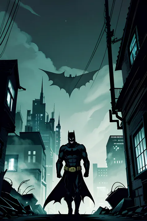 batman, dark figure, creepy, scary, gotham city alley background, night time