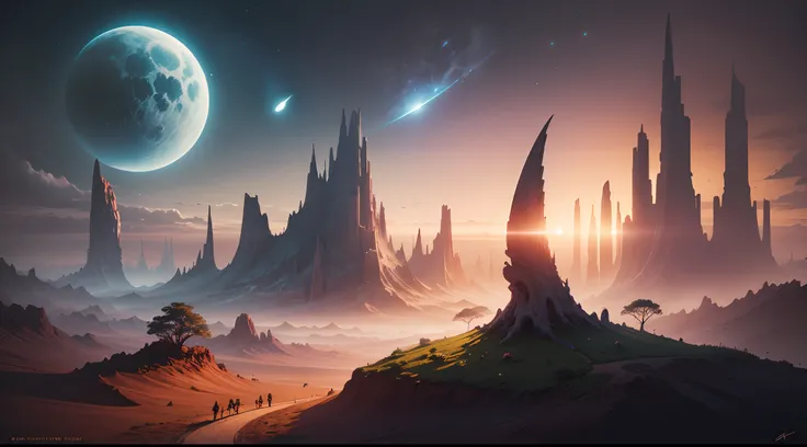 Sci-fi digital painting of an alien landscape with (otherworldly plants), ((strange creatures)), and distant moons in sky, ((cinematic lighting))