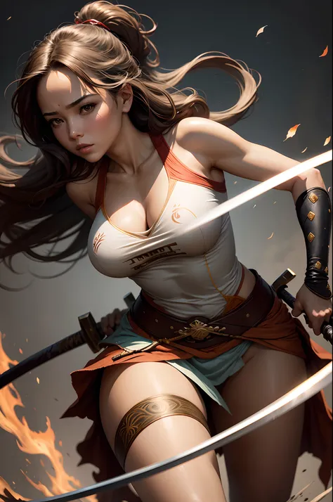 uma mulher em uma roupa de quimono segurando uma espada e uma flor, inspirado em Magali Villeneuve, female samurai, the front of a trading card, she is holding a katana sword, Masayoshi Suto e Artgerm, Graphic artist Magali Villeneuve, Artgerm detalhado, q...