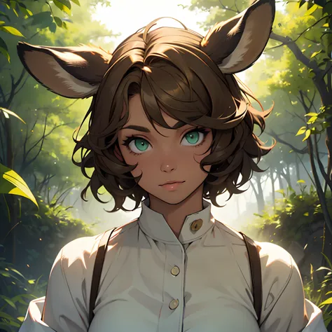 Woman. Deer ears. Short curly hair. Green eyes. Light brown skin