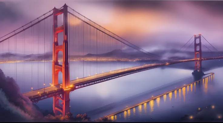 (best quality,4k,8k,highres,masterpiece:1.2),ultra-detailed,(realistic,photorealistic:1. 37),panoramic view,golden gate bridge at night,watercolour,ethereal glow,reverie,purple mist,city lights,usa,misty atmosphere,charming reflection on water,soft pastel ...