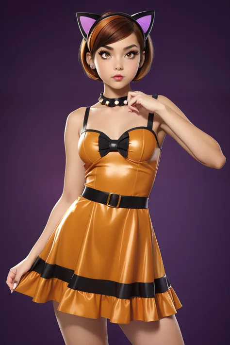 Girl in y2k Halloween costume, gradient caramel short hair Emo Pin up Girl, cat beadband, halloween dress, Striking a pose, natural make up, skinny girl, innocent,