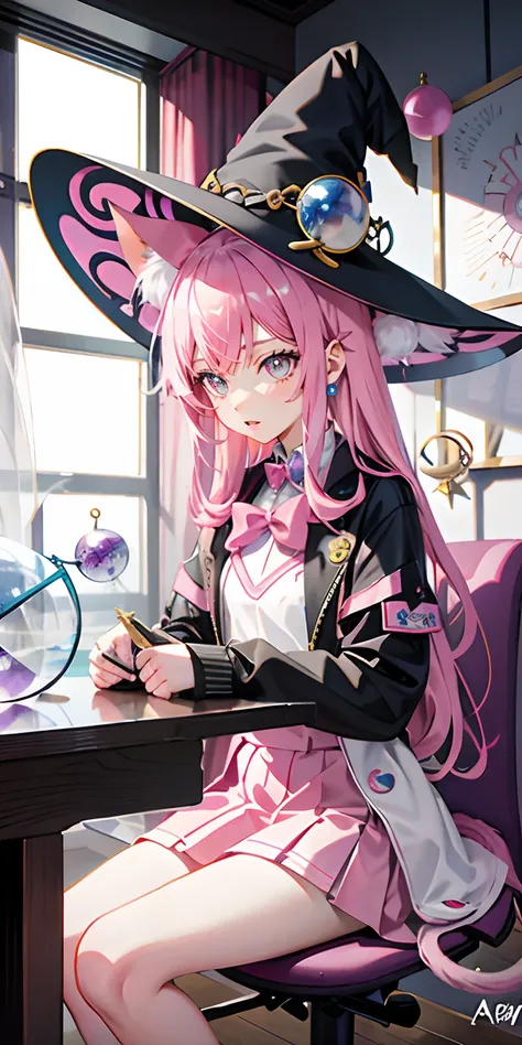 Pink hair，teens girl，quadratic element，Witch hat，crystal sphere，cat ear，long whitr hair，Glazed eyes，15year old，casting spells，Prophet，inside a room，At the table，Cat lady，cat ear，cat ear，crystal sphere