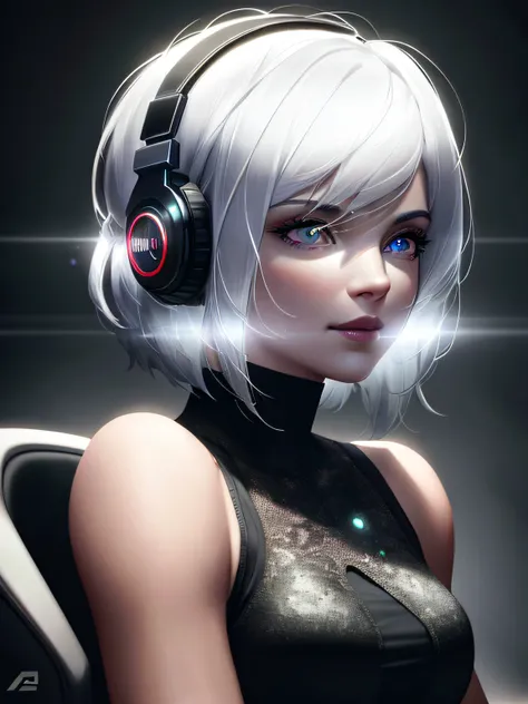 (on the moon, space, looking back into earth), white hair, black tank top, volumetric lighting, white jacket, glowing headphone, cyberpunk, futuristic, multi-color eyes, detailed eyes, hyper detailed,light smile,

highly detailed, beautiful, small details,...